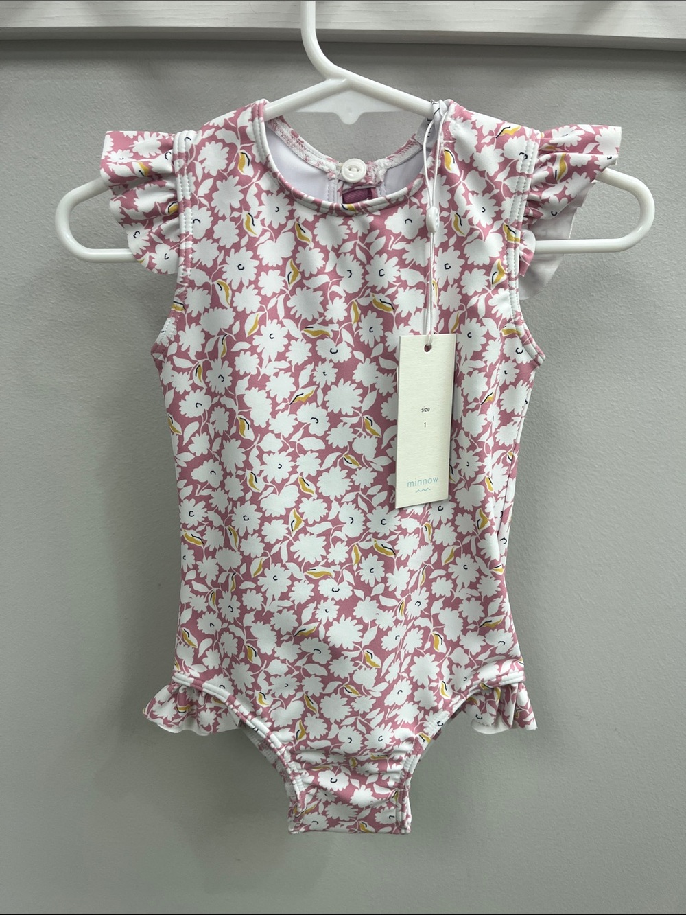 Minnow Kids Pink Floral Ruffle One-Piece Swimsuit nwt size 1y